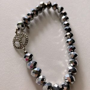925 marked Silver Peace Sign Faceted Beaded stretch Bracelet